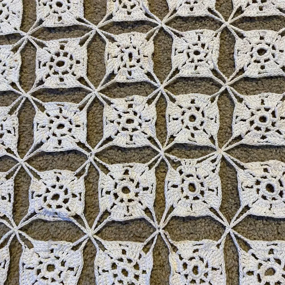 Vtg Handmade 77x112” Crocheted Table Cloth Tan Beige Crochet Bed Coverlet